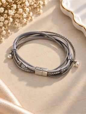 Multi-Strand Grey Pearl Charm Bracelet - Women's Fashion Jewelry